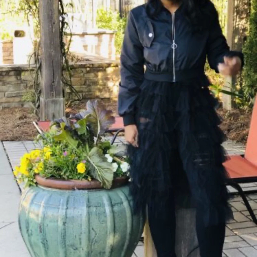 Zip up Long Bomber Jacket Tiered Mesh Black Tulle Layered Dress - Picture 4 of 10